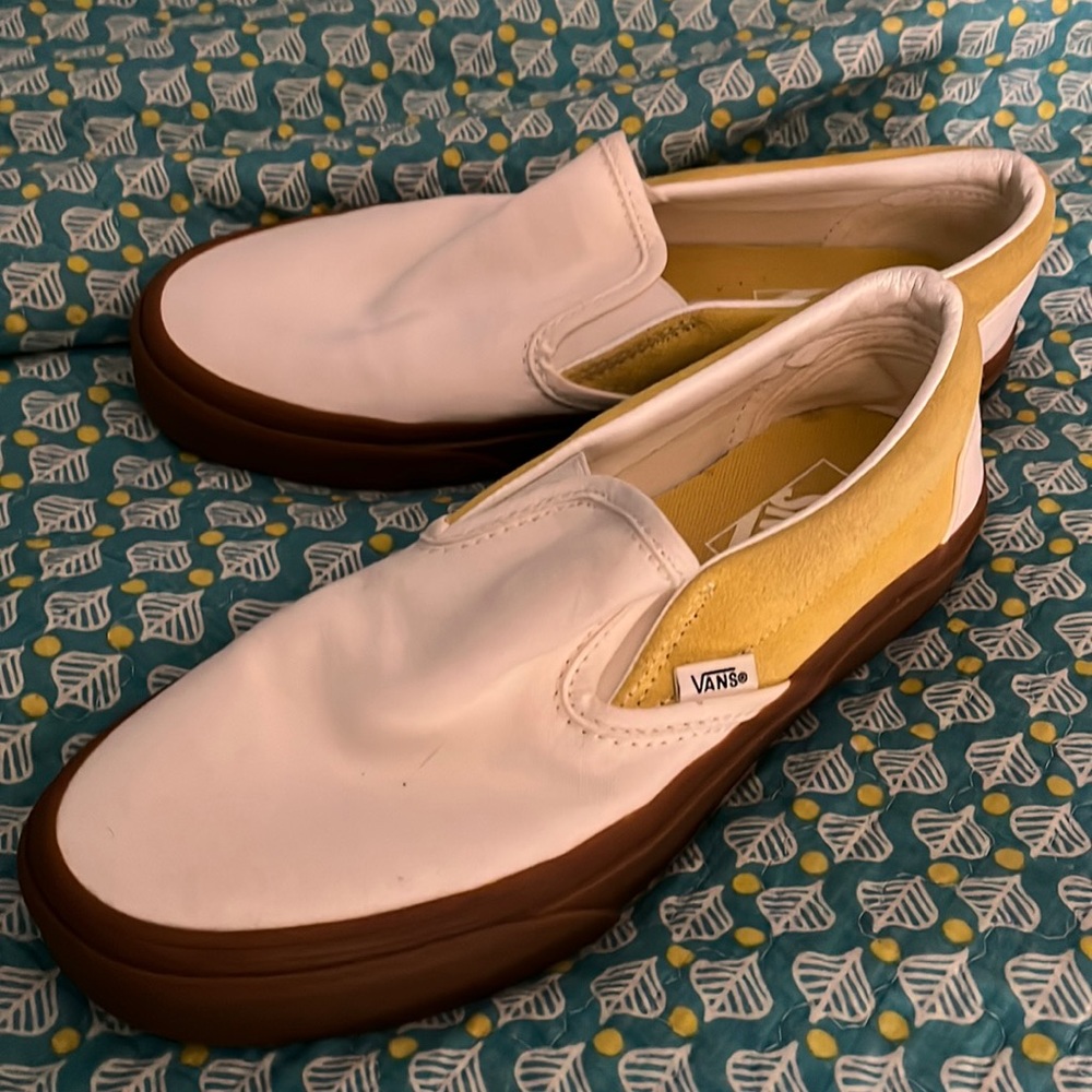 Vans Slip-On Sneakers White and Yellow with Brown Sole